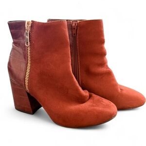 ‘Rouge’ Rust (Reddish/Brown) Suede Ankle Boots with Croc Leather Print
